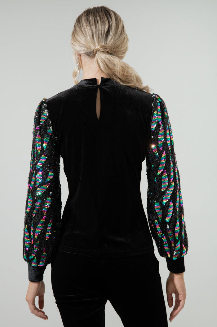 Supernova Velvet Mock Neck Sequin Balloon Sleeve Blouse