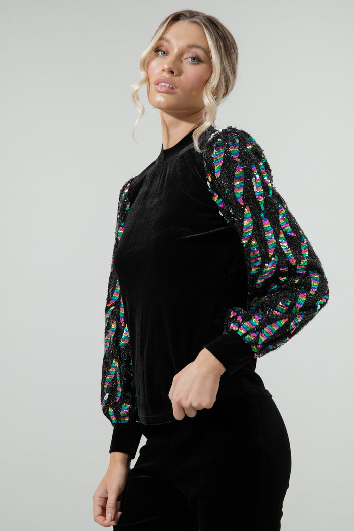 Supernova Velvet Mock Neck Sequin Balloon Sleeve Blouse