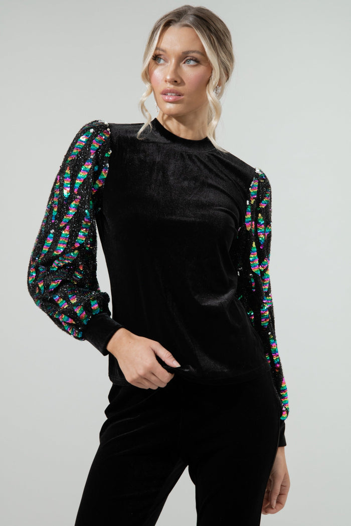 Supernova Velvet Mock Neck Sequin Balloon Sleeve Blouse