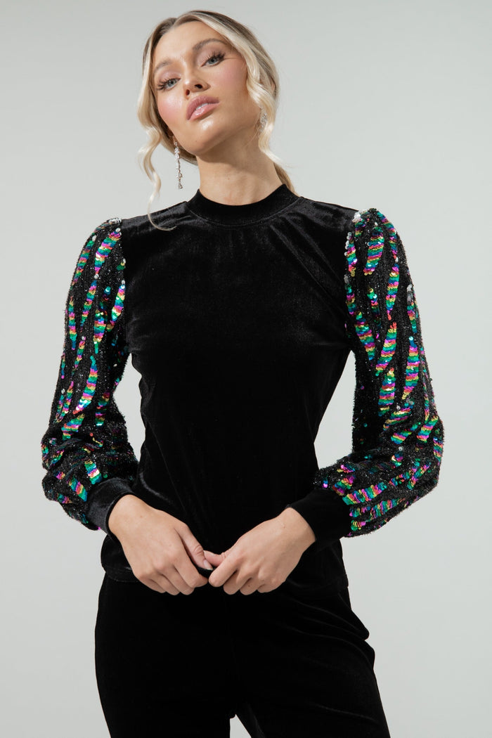 Supernova Velvet Mock Neck Sequin Balloon Sleeve Blouse