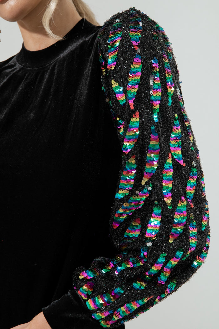 Supernova Velvet Mock Neck Sequin Balloon Sleeve Blouse