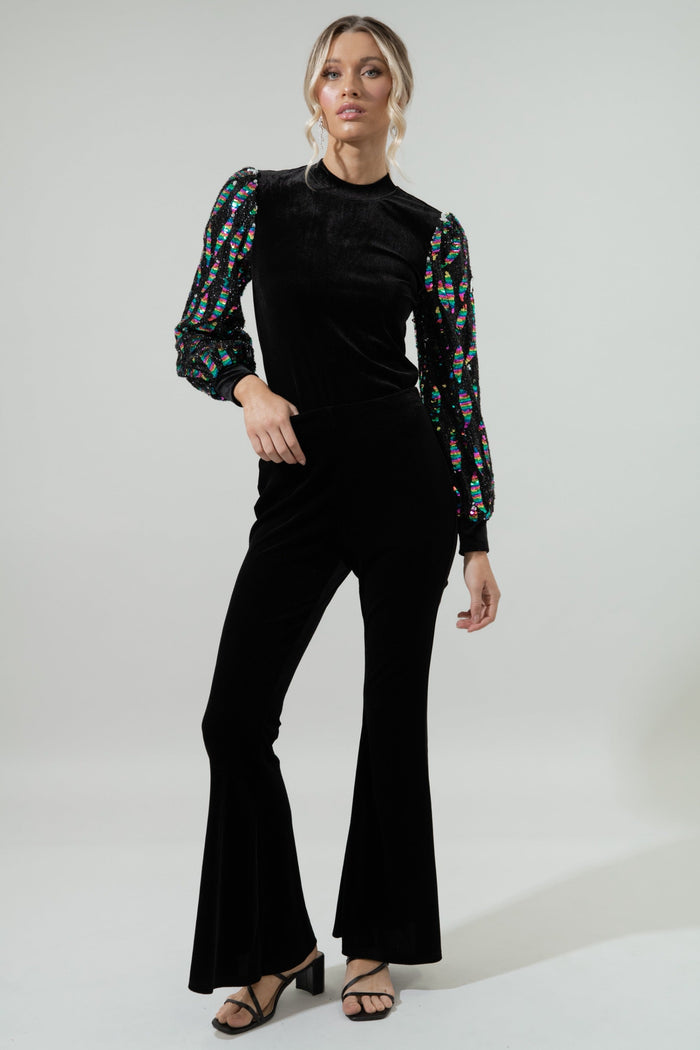 Supernova Velvet Mock Neck Sequin Balloon Sleeve Blouse