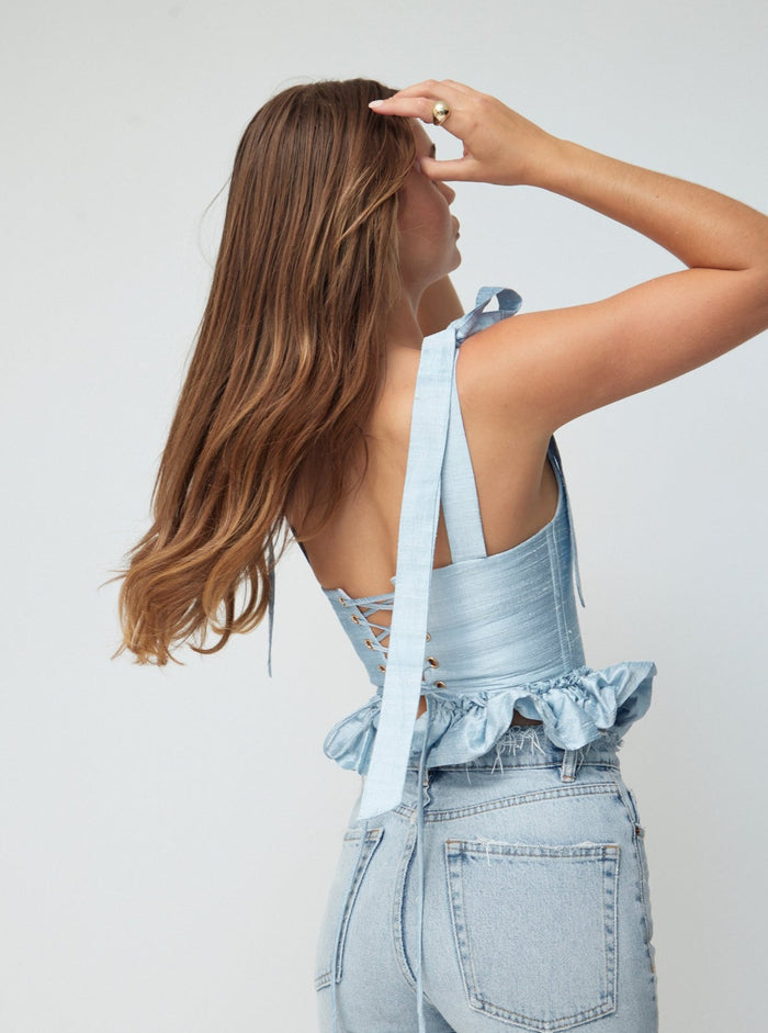 The Antoinette Corset in Powder Blue Silk Dupioni