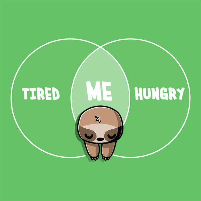 Premium Cotton T-shirt_Teeturtle Tired and Hungry Always apple green t-shirt featuring a cartoon sloth in the middle of a double circle graph with 'Tired' on one side, 'Hungry' on the other and 'Me' in the middle.