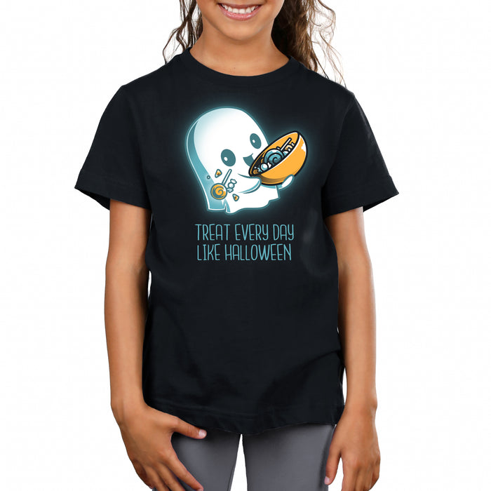 Premium Cotton T-shirt_TeeTurtle black Treat Every Day Like Halloween featuring a cute ghost with a bowl full of candy and the words 'Treat Every Day Like Halloween' beneath.