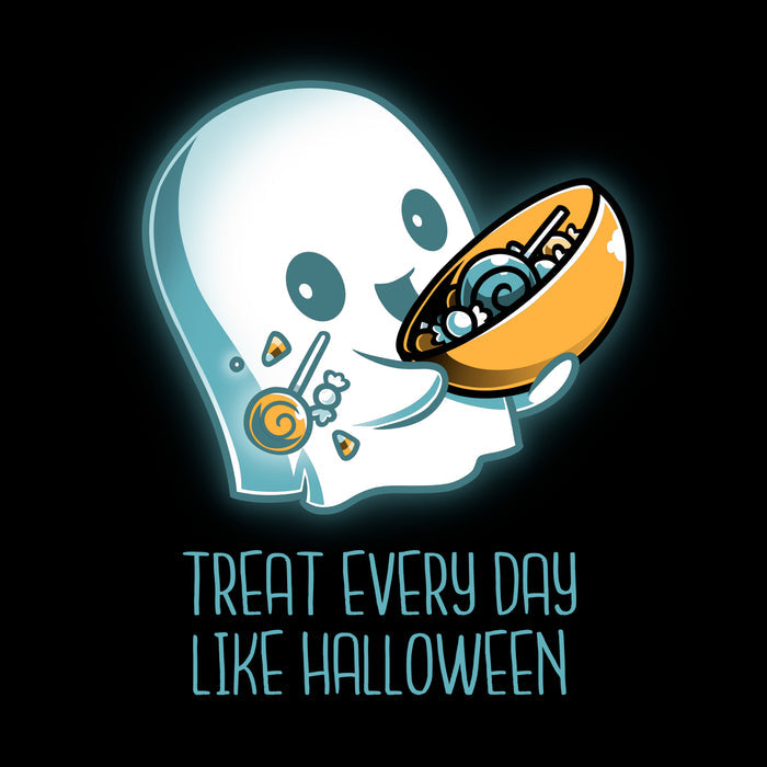 Classic Cotton T-shirt_TeeTurtle black Treat Every Day Like Halloween featuring a cute ghost with a bowl full of candy and the words 'Treat Every Day Like Halloween' beneath.