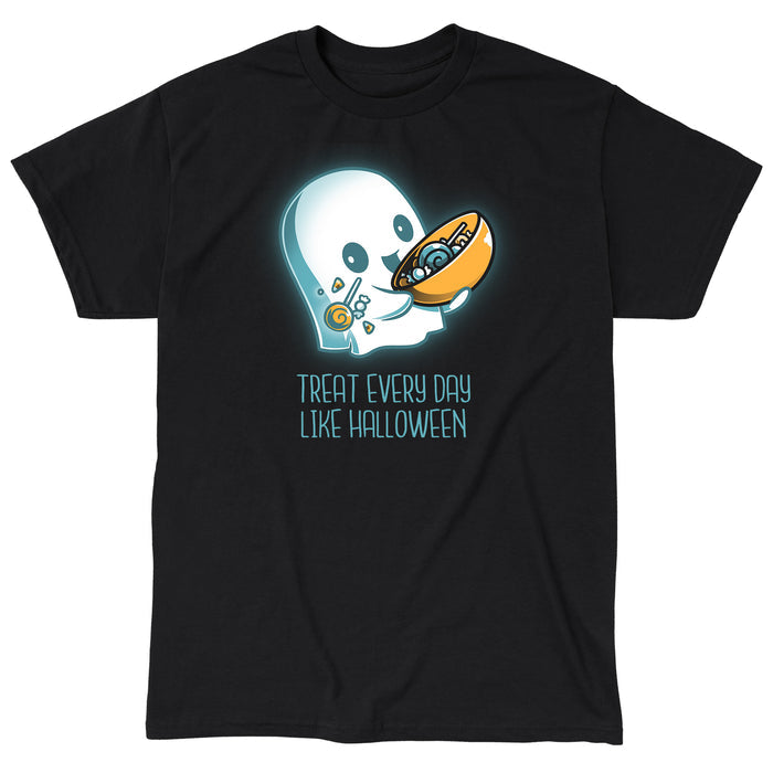 Classic Cotton T-shirt_TeeTurtle black Treat Every Day Like Halloween featuring a cute ghost with a bowl full of candy and the words 'Treat Every Day Like Halloween' beneath.