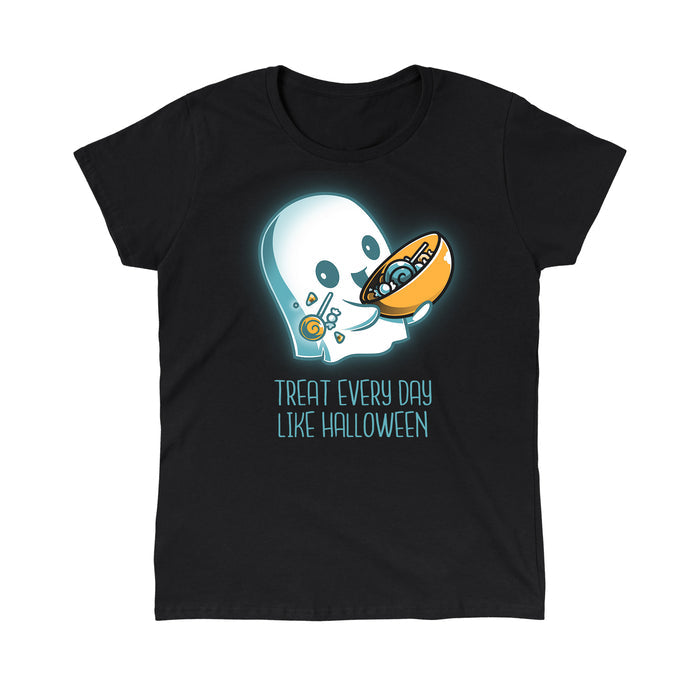 Classic Cotton T-shirt_TeeTurtle black Treat Every Day Like Halloween featuring a cute ghost with a bowl full of candy and the words 'Treat Every Day Like Halloween' beneath.