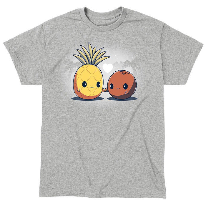 Classic Cotton T-shirt_TeeTurtle Tropical Love heather gray t-shirt featuring a cute pineapple and a coconut holding hands with a heart above them.