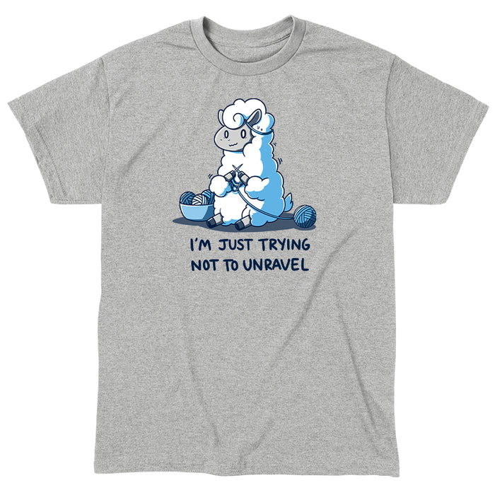 Classic Cotton T-shirt_Teeturtle Trying Not to Unravel Heather Gray Featuring a nervous-looking sheep knitting yarn set above the text 'I'm Just Trying Not To Unravel'