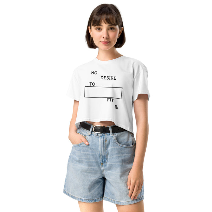Womens Crop Top in white cotton featuring minimalist No Desire To Fit In design
