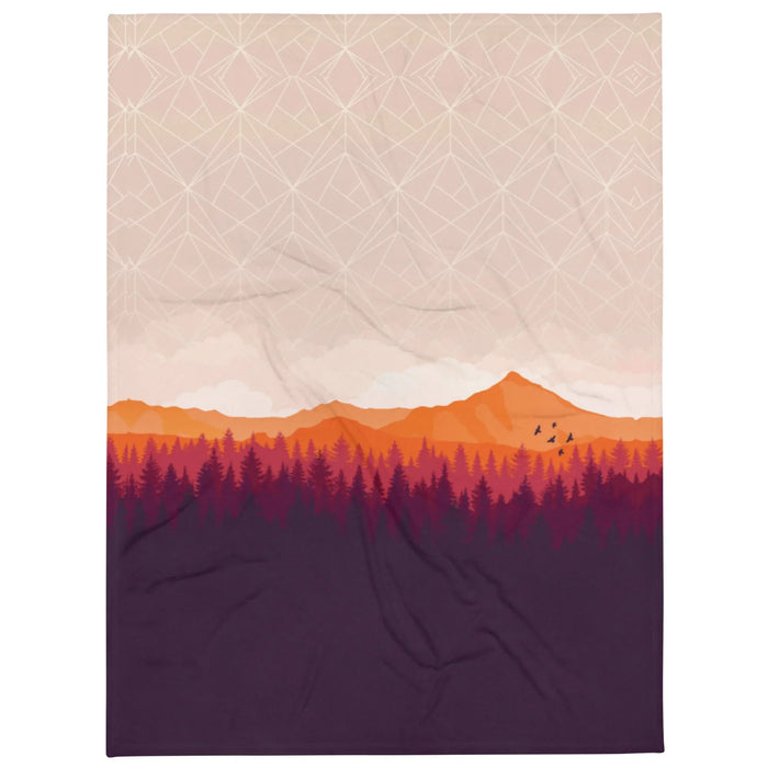 Unfinished Game Plush Blanket - The "forgotten" white wireframe polygon mesh overlaying the dusty peach sky (`#EADACF`), intentionally revealing the mathematical geometry behind the virtual world, contrasted by the amber ridge (`#F58F29`) and midnight plum base (`#3E1F42`).