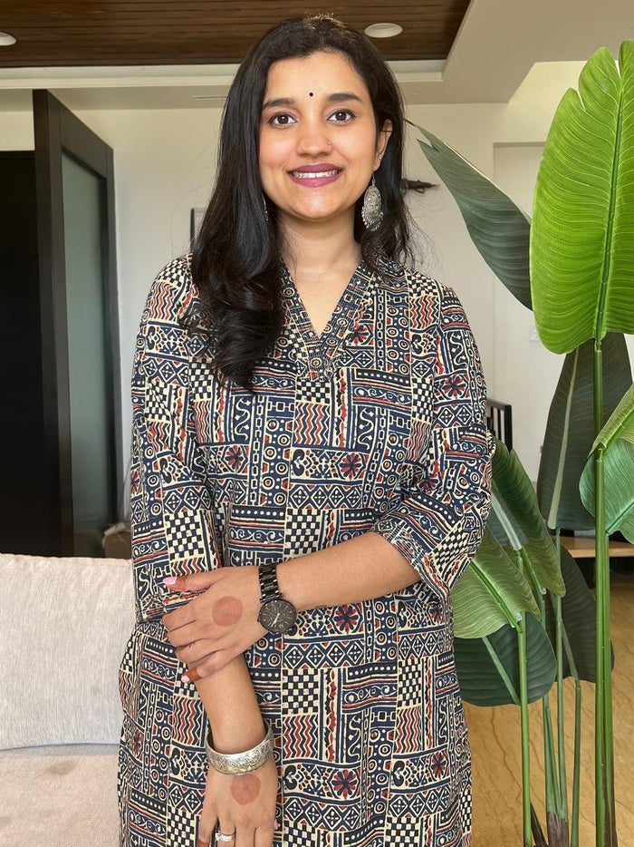 V- Neck Cotton Kurta- Navy Mix Print