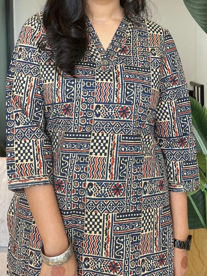 V- Neck Cotton Kurta- Navy Mix Print