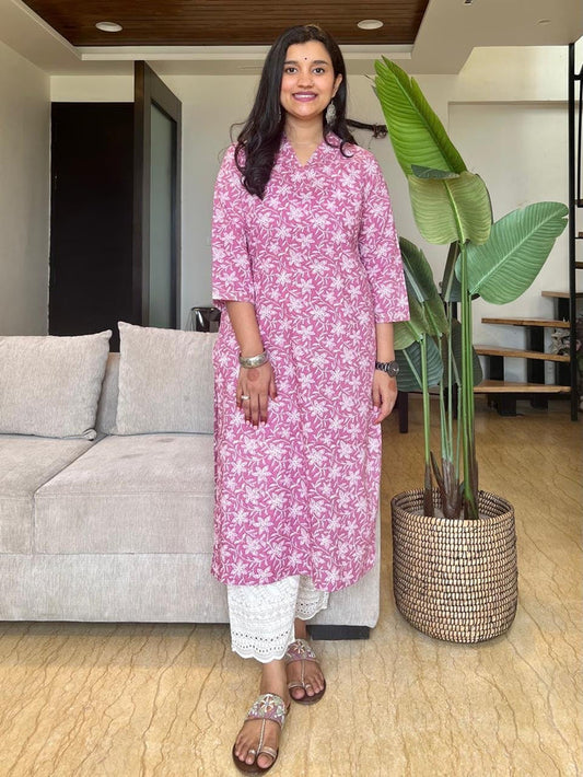 V- Neck Cotton Kurta- Subtle Pink Florals