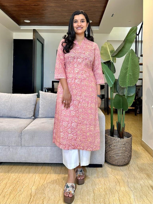 V- Neck Twist Kurta- Pink Floral Jaal