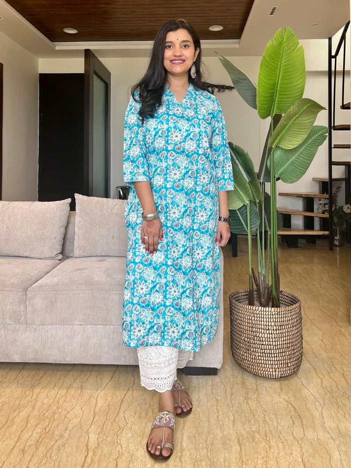 V-Neck Cotton Kurta- Bright Blue Florals