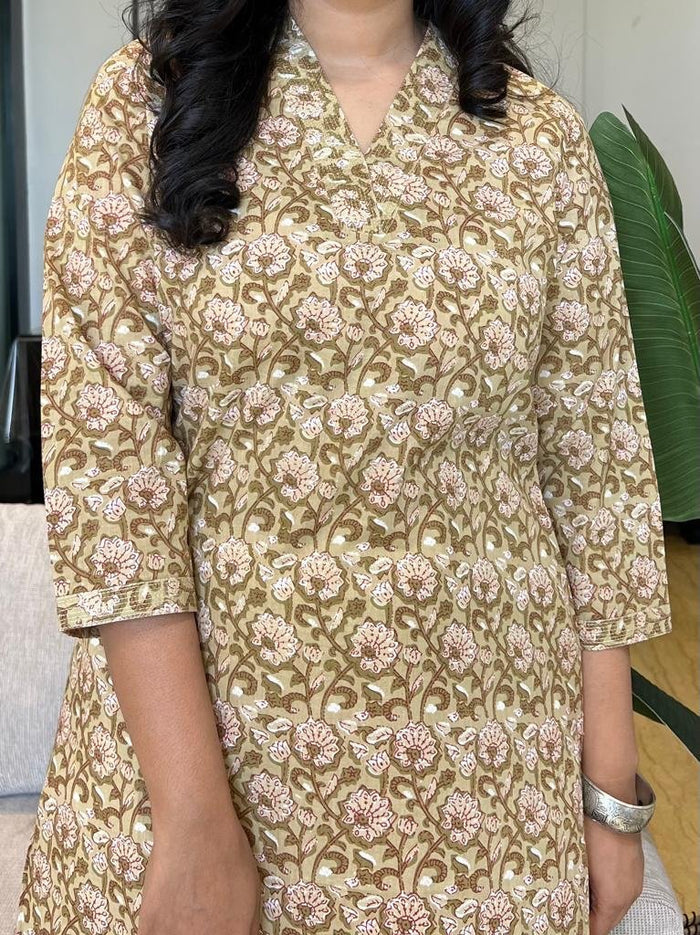 V Neck Cotton Kurta- Earthy Green