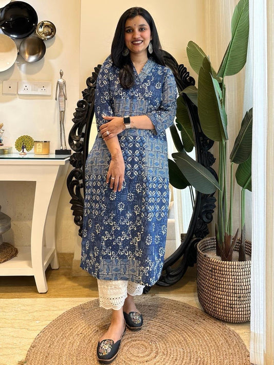 V-Neck Cotton Kurta- Indigo Patch