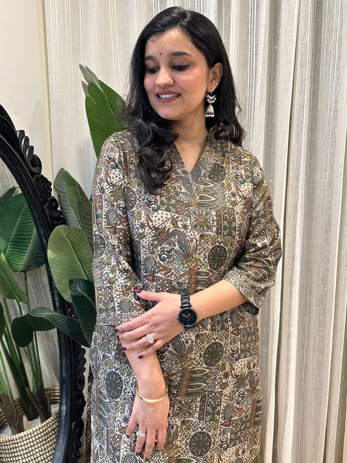 V-Neck Muslin Kurta- Multi Green