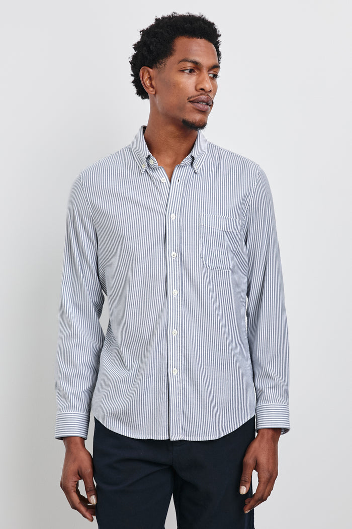 Vance Front Button Shirt in Cotton Blend With Collar, Long Sleeves, and Classic Fit in Blue White Stripe Colorway - Upper Body Front View Featured on Model