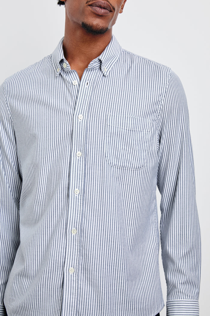 Vance Front Button Shirt in Cotton Blend With Collar, Long Sleeves, and Classic Fit in Blue White Stripe Colorway - Upper Body Front Detail View Featured on Model