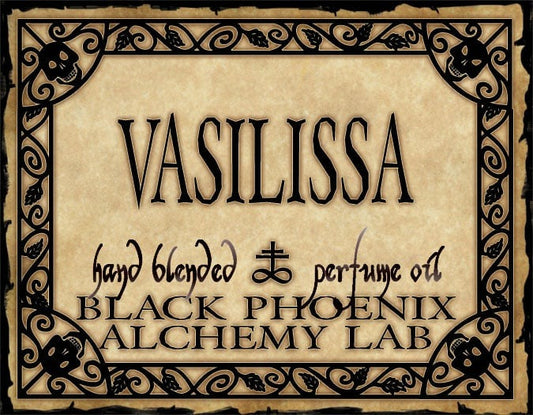 Label for Vasilissa hand blended perfume oil by Black Phoenix Alchemy Lab with decorative border.