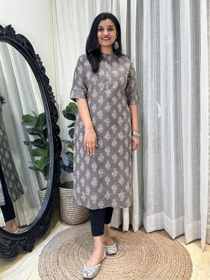Weekend Cotton Kurta- Grey Boota