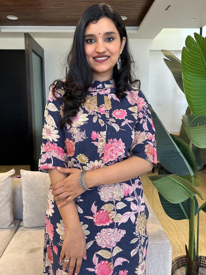 Weekend Cotton Kurta- Navy Blue Pink Florals