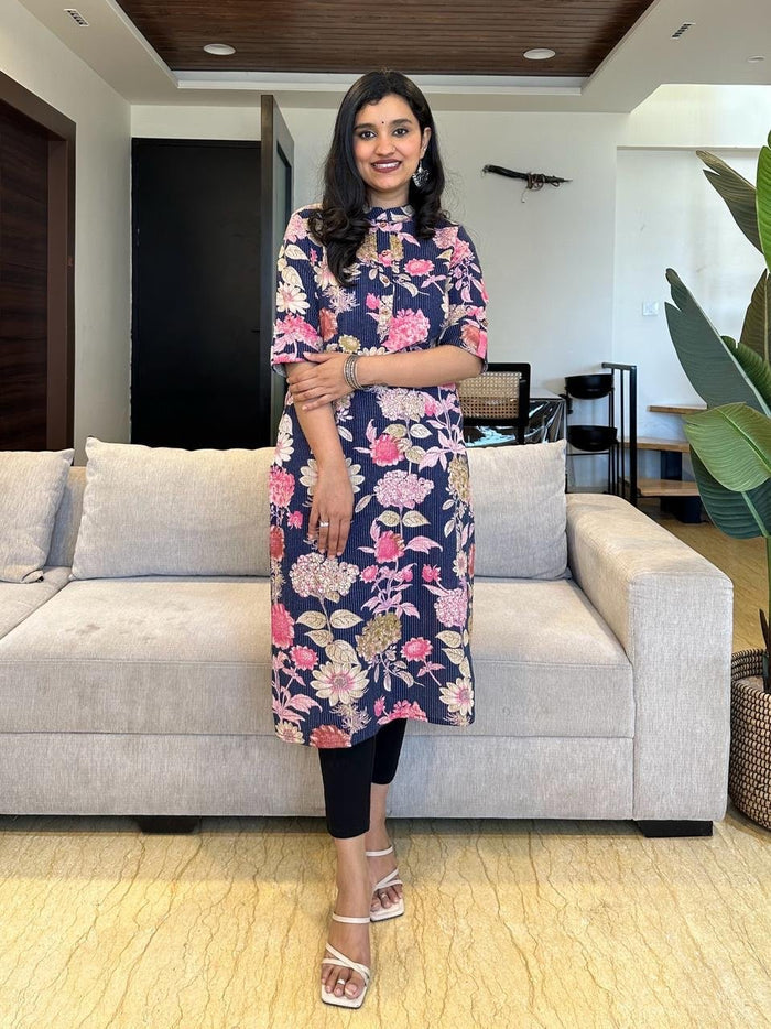 Weekend Cotton Kurta- Navy Blue Pink Florals