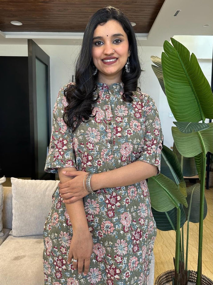 Weekend Cotton Kurta- Olive Green Florals