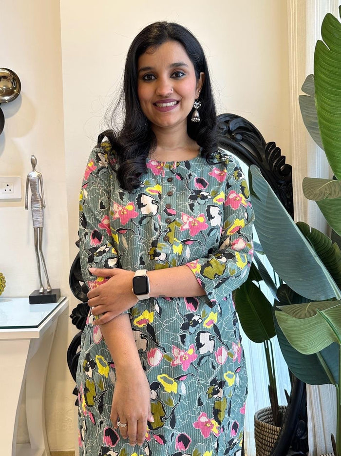Weekend Round Neck Kurta- Green Neon Florals