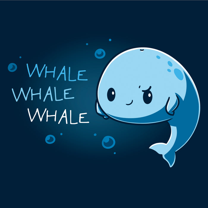 Classic Cotton T-shirt_TeeTurtle navy blue Whale Whale Whale featuring a cute, smug whale floating in the ocean with their fins on their sides with 'Whale, Whale, Whale' written next to them.