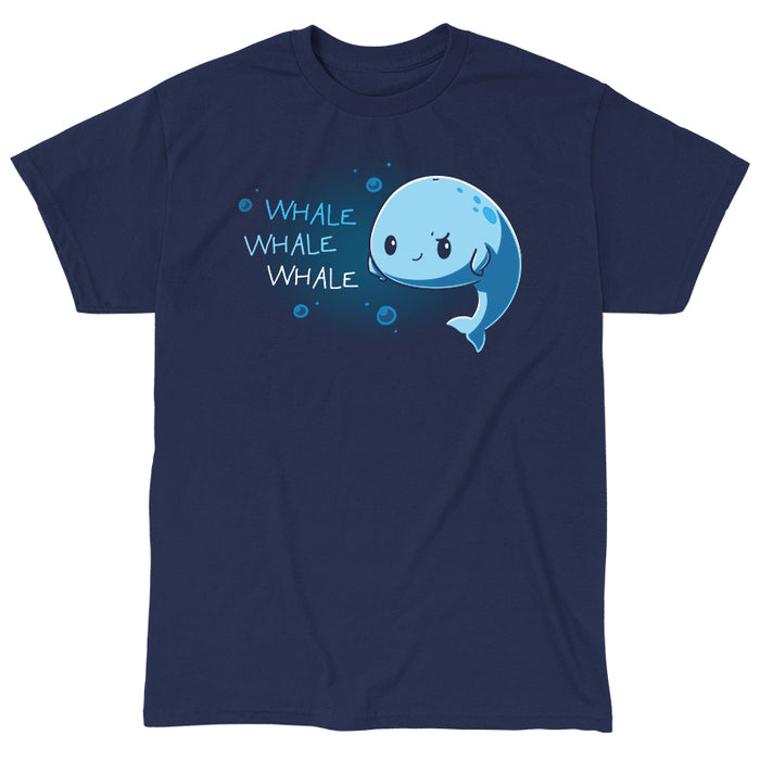 Classic Cotton T-shirt_TeeTurtle navy blue Whale Whale Whale featuring a cute, smug whale floating in the ocean with their fins on their sides with 'Whale, Whale, Whale' written next to them.