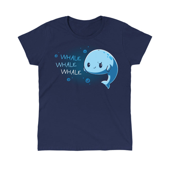 Classic Cotton T-shirt_TeeTurtle navy blue Whale Whale Whale featuring a cute, smug whale floating in the ocean with their fins on their sides with 'Whale, Whale, Whale' written next to them.