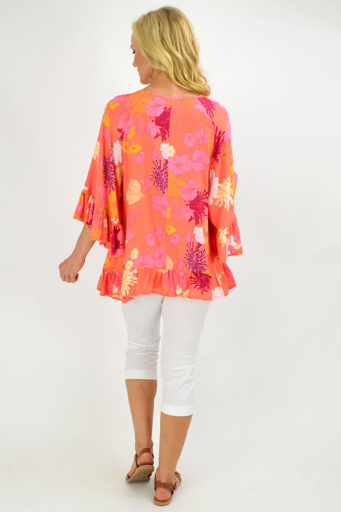Loose apricot floral tunic top with wide sleeves from New U Collection, perfect for casual and stylish wear.