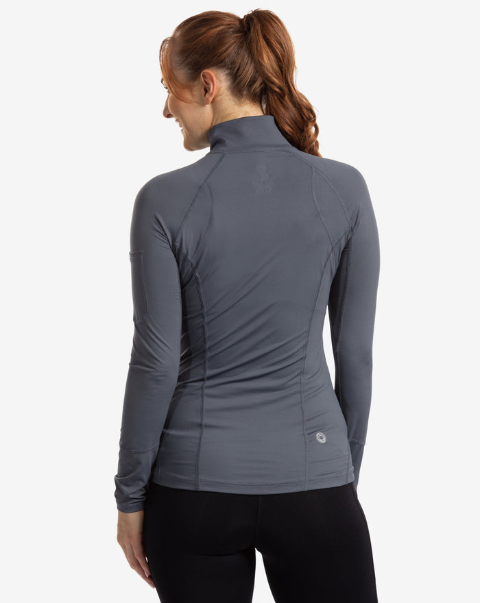 Women wearing smoke mock zip long sleeve top with black tights. (Style 3001) - BloqUV