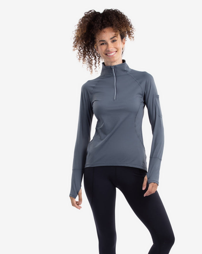 Women wearing smoke mock zip long sleeve top with black tights. (Style 3001) - BloqUV