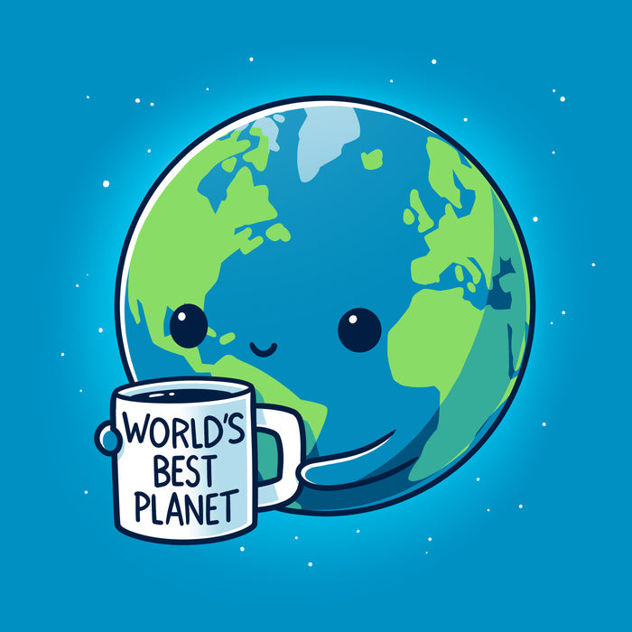 Classic Cotton T-shirt_Teeturtle sapphire blue World's Best Planet apparel featuring a cute smiling Earth holding a coffee mug that reads 'World's Best Planet'.