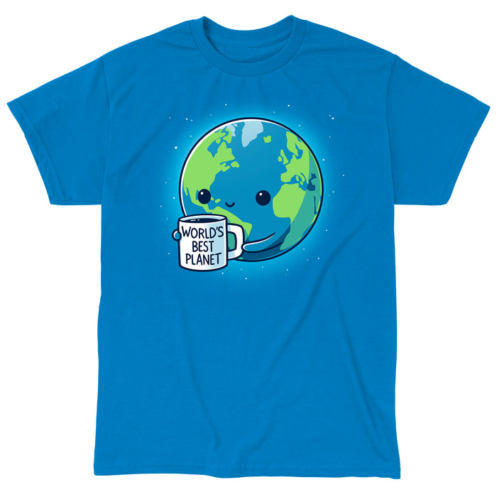 Classic Cotton T-shirt_Teeturtle sapphire blue World's Best Planet apparel featuring a cute smiling Earth holding a coffee mug that reads 'World's Best Planet'.