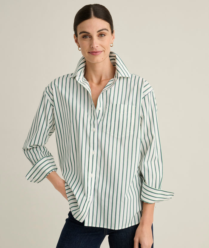 Model is wearing UNTUCKit Melanie in green striped. v