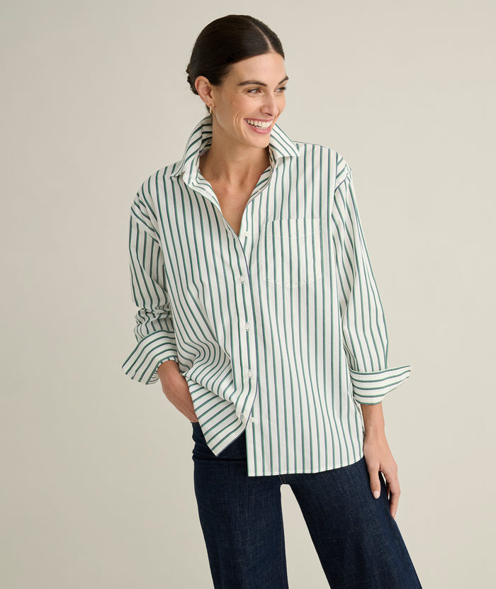 Model is wearing UNTUCKit Melanie in green striped.