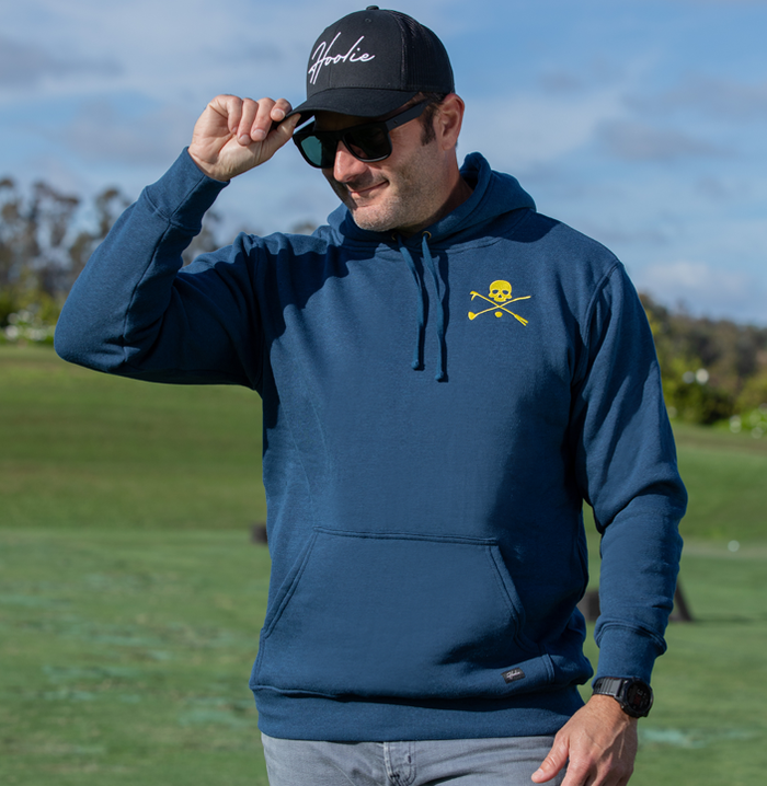 Navy Blue X Bones Men's Golf Hoodie with embroidered skull-and-crossbones chest logo.