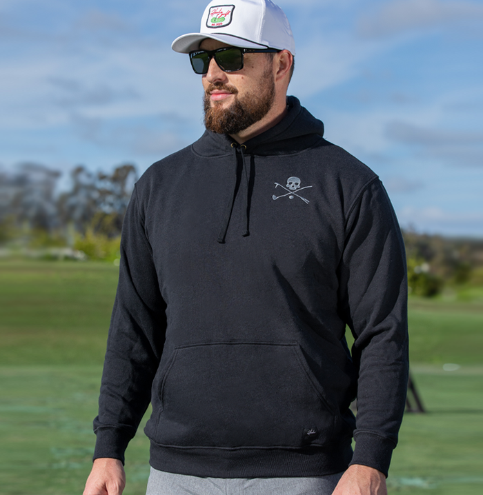 Black Men's Golf Hoodie featuring X Bones skull and crossed driver and hoolie tool design.