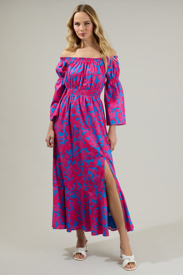 Yeraldi Berry Tropics Off the Shoulder Bell Sleeve Midi Dress