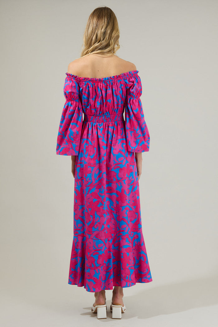 Yeraldi Berry Tropics Off the Shoulder Bell Sleeve Midi Dress