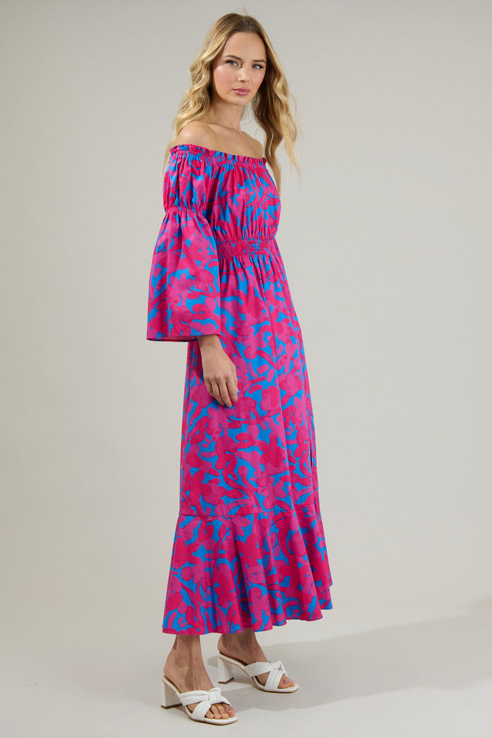 Yeraldi Berry Tropics Off the Shoulder Bell Sleeve Midi Dress