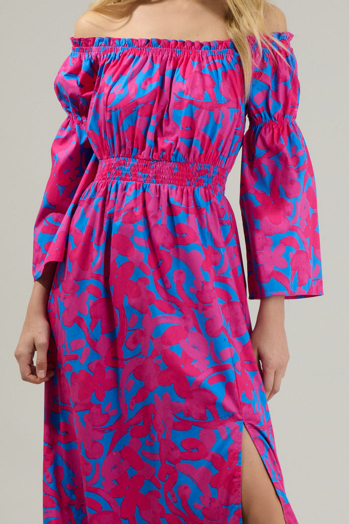Yeraldi Berry Tropics Off the Shoulder Bell Sleeve Midi Dress