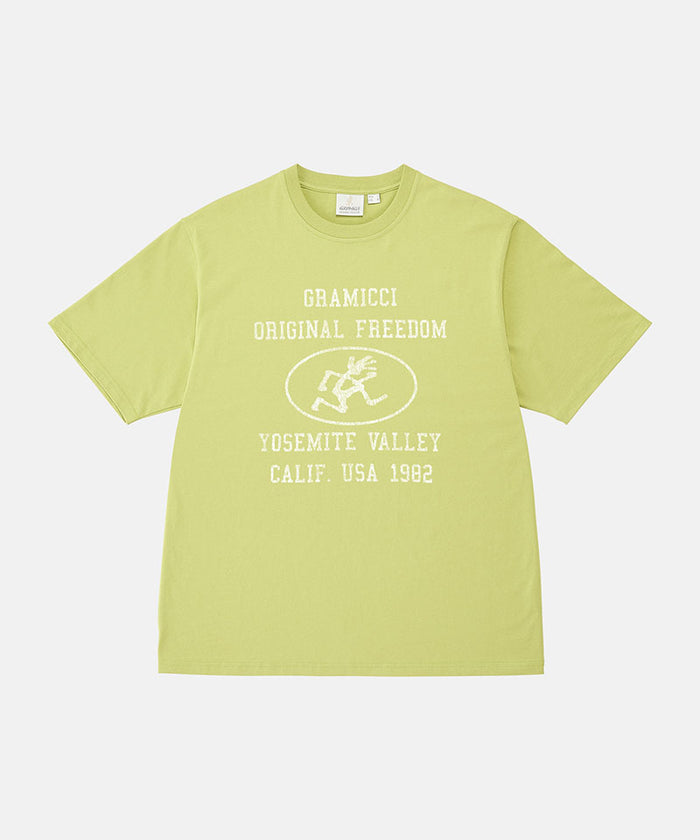 Gramicci sweet pea colored Yosemite Valley Tee with a graphic against a light-tone background.
